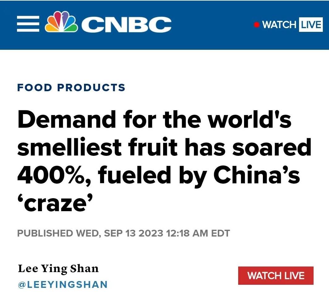 过去两年中国人吃掉全球91%榴莲 价值60亿美元