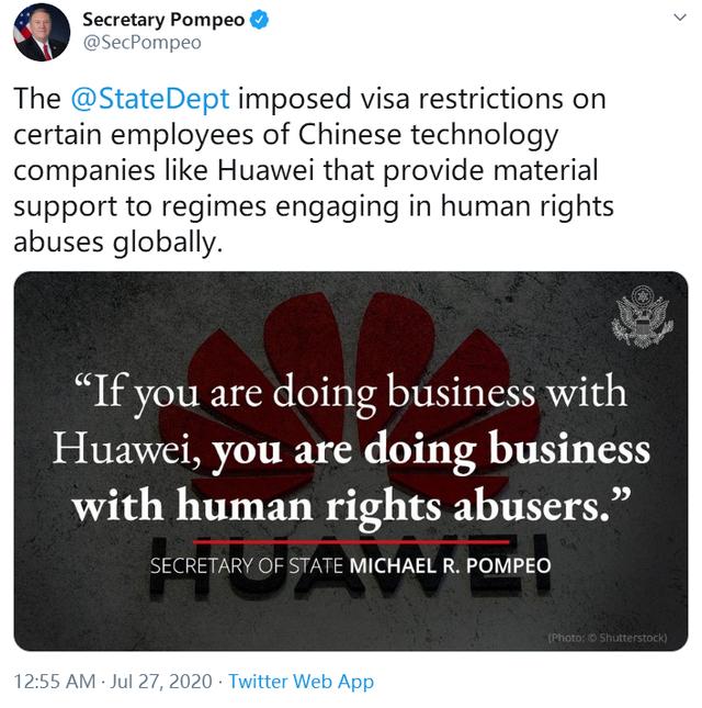 蓬佩奥：已对华为等中国科技公司特定雇员实施签证限制