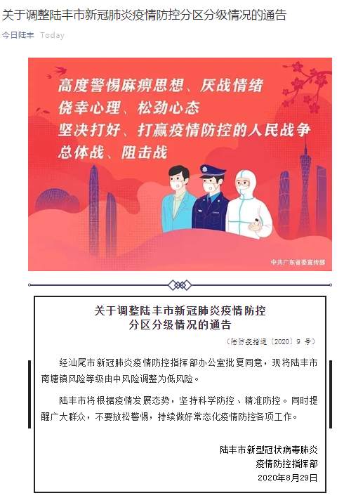 广东陆丰南塘镇疫情风险等级由中风险调整为低风险