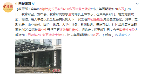 教育部：今年政策性岗位已吸纳280多万毕业生就业