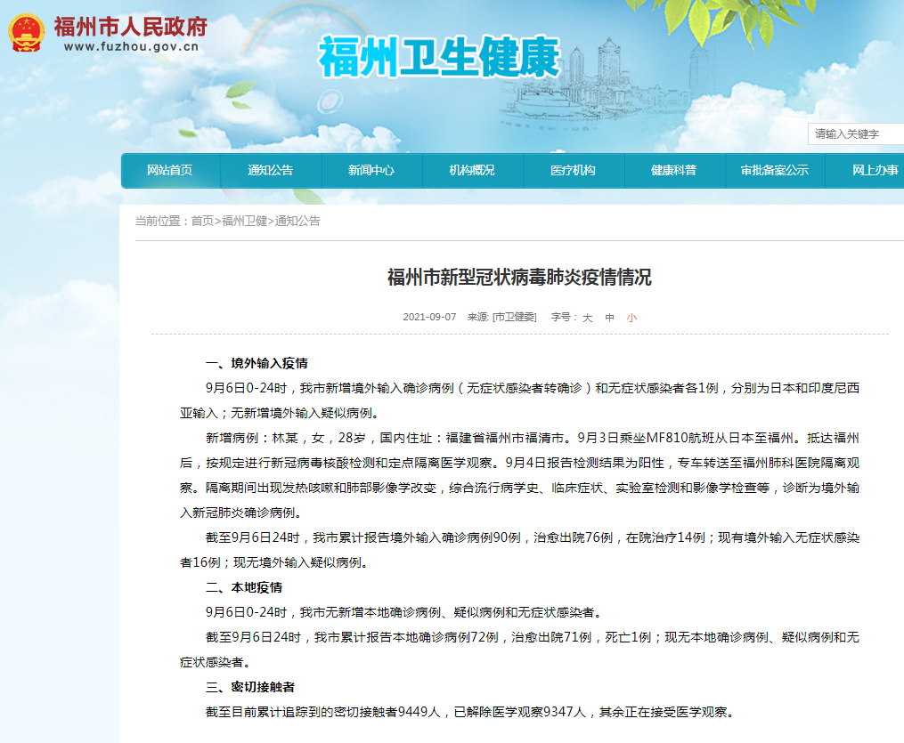 福州市新型冠状病毒肺炎疫情情况