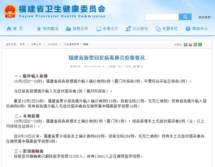 福建省新型冠状病毒肺炎疫情情况